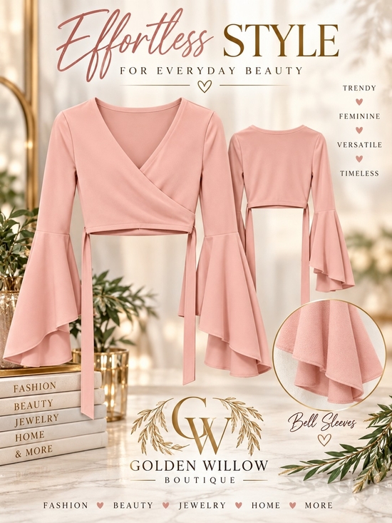 SHEIN Tops - SHEIN Blush Pink Wrap Crop Top with Flared Bell Sleeves